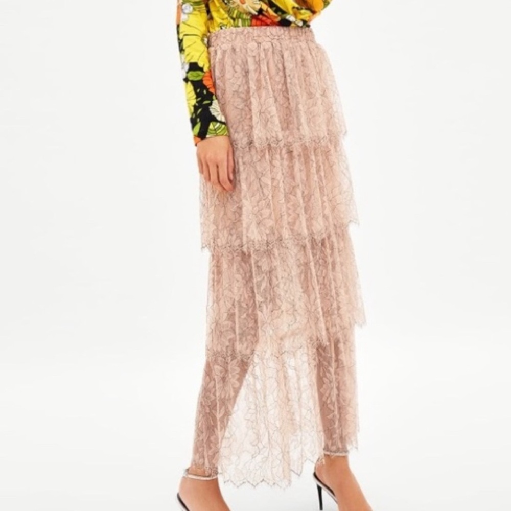 Zara Lace Tiered Maxi Length Skirt in Light Pink